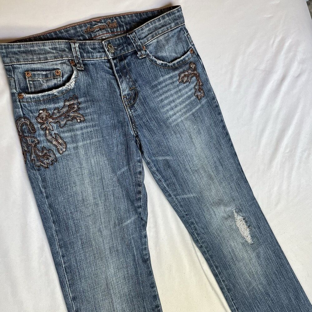 Vtg American Eagle Stretch Boot Jeans Women 6 Reg Medium Wash Embroidered Sequin